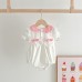 【3M-24M】Baby Girl Cute Pink Bow And White Lace Design Lapel Bubble Sleeve Romper