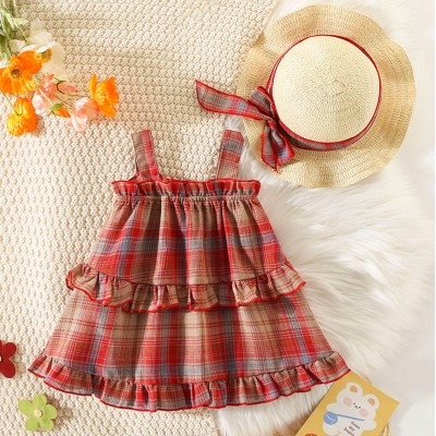 【9M-3Y】2-piece Baby Girls Cute And Stylish Red Plaid Sling Dress With Hat