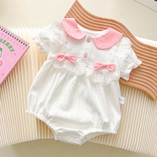 【3M-24M】Baby Girl Cute Pink Bow And White Lace Design Lapel Bubble Sleeve Romper