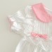 【3M-24M】Baby Girl Cute Pink Bow And White Lace Design Lapel Bubble Sleeve Romper