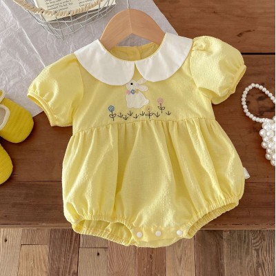 【3M-24M】Baby Girl Cute Bunny And Flower Embroidered Bubble Sleeve Yellow Romper