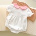 【3M-24M】Baby Girl Cute Pink Bow And White Lace Design Lapel Bubble Sleeve Romper