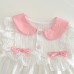 【3M-24M】Baby Girl Cute Pink Bow And White Lace Design Lapel Bubble Sleeve Romper