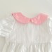 【3M-24M】Baby Girl Cute Pink Bow And White Lace Design Lapel Bubble Sleeve Romper