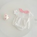 【3M-24M】Baby Girl Cute Pink Bow And White Lace Design Lapel Bubble Sleeve Romper