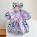 【3M-24M】2-piece Baby Girl Sweet Purple Floral Printed Ruffle Romper With Bow Hair Tie