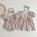 【3M-5Y】Baby Girl Sisterhood Outfit Cute Rose Print Bowknot Puff Sleeve Romper And Dress With Headband - 33401