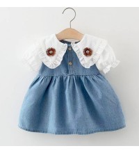 【6M-3Y】Baby Girls Sweet Fake Two Piece Ruffled Doll Collar Denim Dress