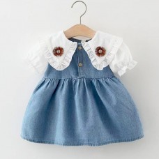 【6M-3Y】Baby Girls Sweet Fake Two Piece Ruffled Doll Collar Denim Dress