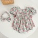 【3M-5Y】Baby Girl Sisterhood Outfit Cute Rose Print Bowknot Puff Sleeve Romper And Dress With Headband - 33401