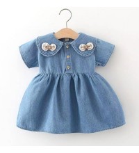 【6M-3Y】Baby Girls Sweet Bowknot Doll Collar Short Sleeve Denim Dress