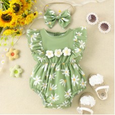 【0M-18M】2-piece Baby Girl Cute Daisy Print Ruffled Sleeveless Romper With Headband