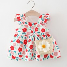 【6M-3Y】Baby Girl Sweet Floral Print Ruffle Square Neck Dress With Crossbody Bag