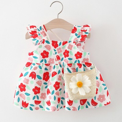 【6M-3Y】Baby Girl Sweet Floral Print Ruffle Square Neck Dress With Crossbody Bag