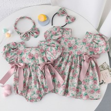 【3M-5Y】Baby Girl Sisterhood Outfit Cute Rose Print Bowknot Puff Sleeve Romper And Dress With Headband - 33401