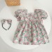 【3M-5Y】Baby Girl Sisterhood Outfit Cute Rose Print Bowknot Puff Sleeve Romper And Dress With Headband - 33401