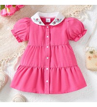 【6M-3Y】Baby Girl Cute And Fashion Floral Embroidered Doll Collar Colorblock Puff Sleeve Dress