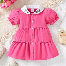 【6M-3Y】Baby Girl Cute And Fashion Floral Embroidered Doll Collar Colorblock Puff Sleeve Dress