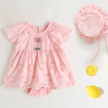 【3M-24M】Baby Girl Cute Cotton Floral Embroidery Hollow Bowknot Short-sleeved Romper With Hat