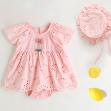 【3M-24M】Baby Girl Cute Cotton Floral Embroidery Hollow Bowknot Short-sleeved Romper With Hat