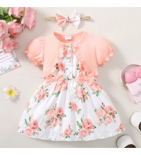 【6M-3Y】2-piece Baby Girl Pink Floral Short Sleeve Dress With Hairband