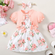 【6M-3Y】2-piece Baby Girl Pink Floral Short Sleeve Dress With Hairband