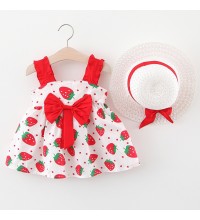 【9M-3Y】2-piece Baby Girl Bow Strawberry Print Sling Dress With Hat