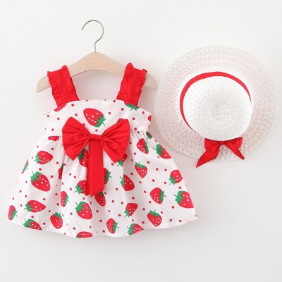 【9M-3Y】2-piece Baby Girl Bow Strawberry Print Sling Dress With Hat