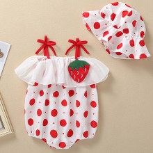 【3M-24M】2-piece Baby Girls Cotton Polka Dot Print Sling Romper With Hat