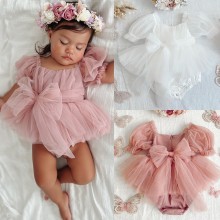 【0M-24M】Baby Girl Mesh Ruffle Short Sleeve Romper