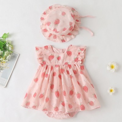 【3M-24M】2-piece Baby Girl Cotton Pink Strawberry Print Short Sleeve Romper With Hat