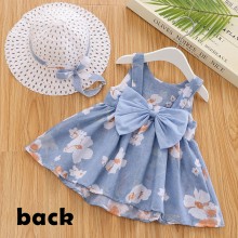 【6M-3Y】2-piece Girls Cute Bow Flower Print Sleeveless Dress With Hat - 33198